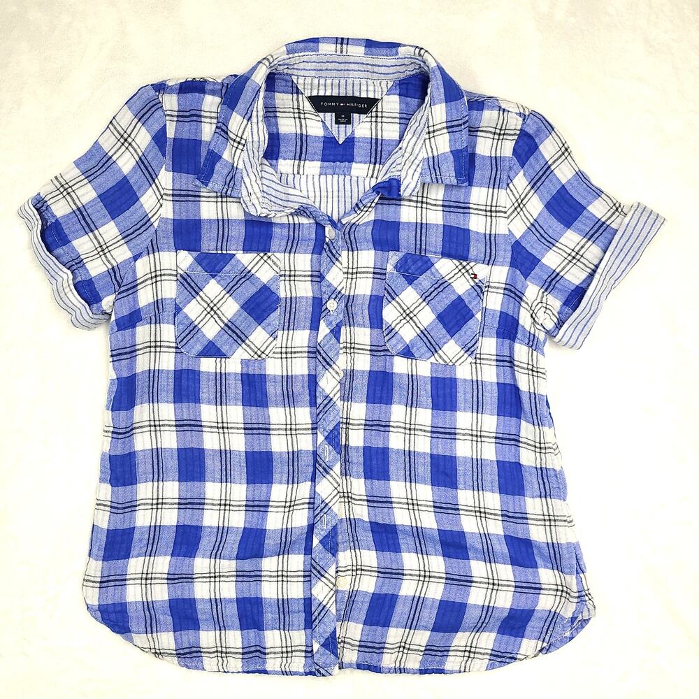 Tommy Hilfiger Plaid Shirt Men Medium Blue White Button Front Lightweight